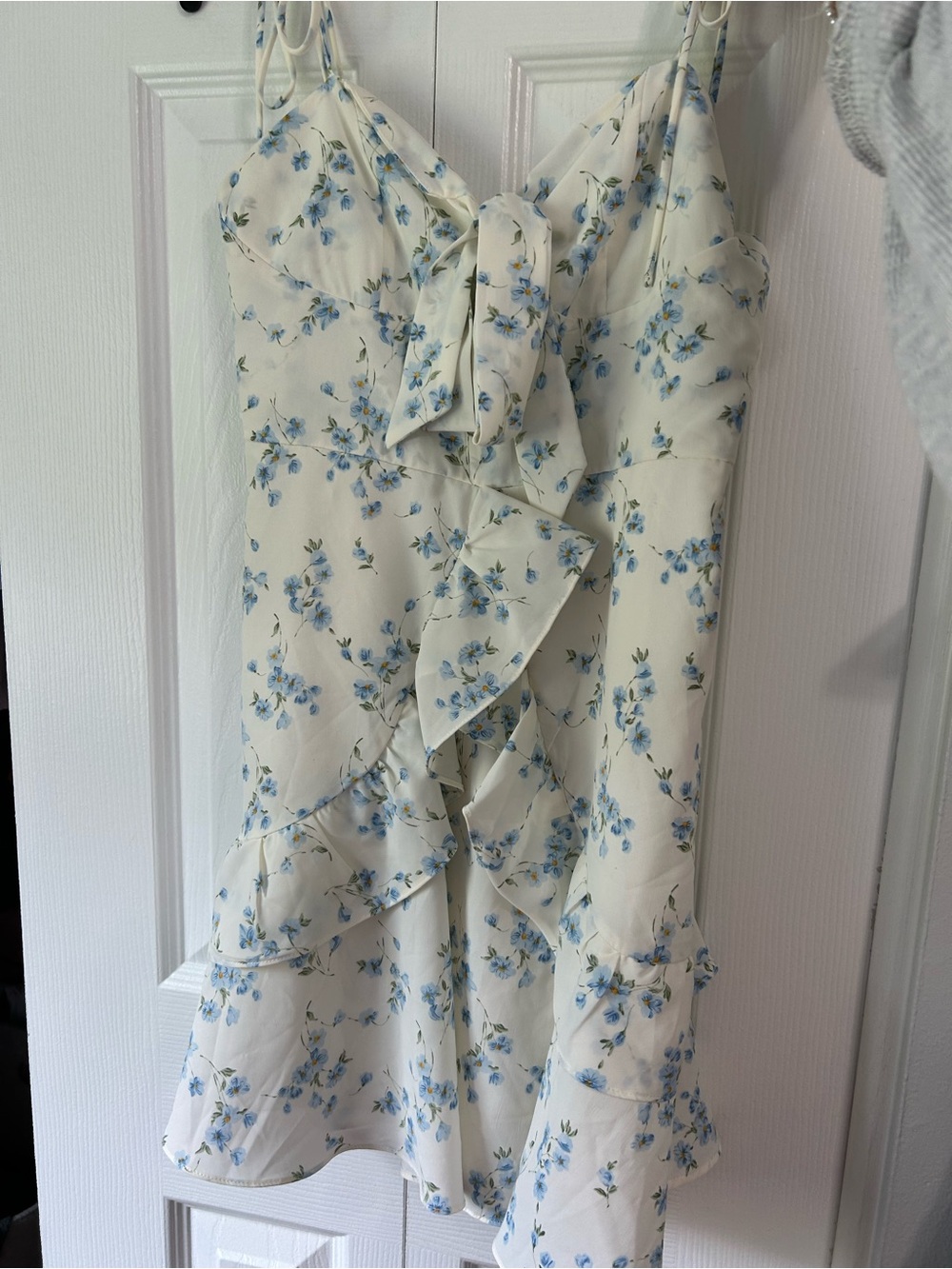 Cream Floral Ruffle Slip Dress with Blue Blossoms